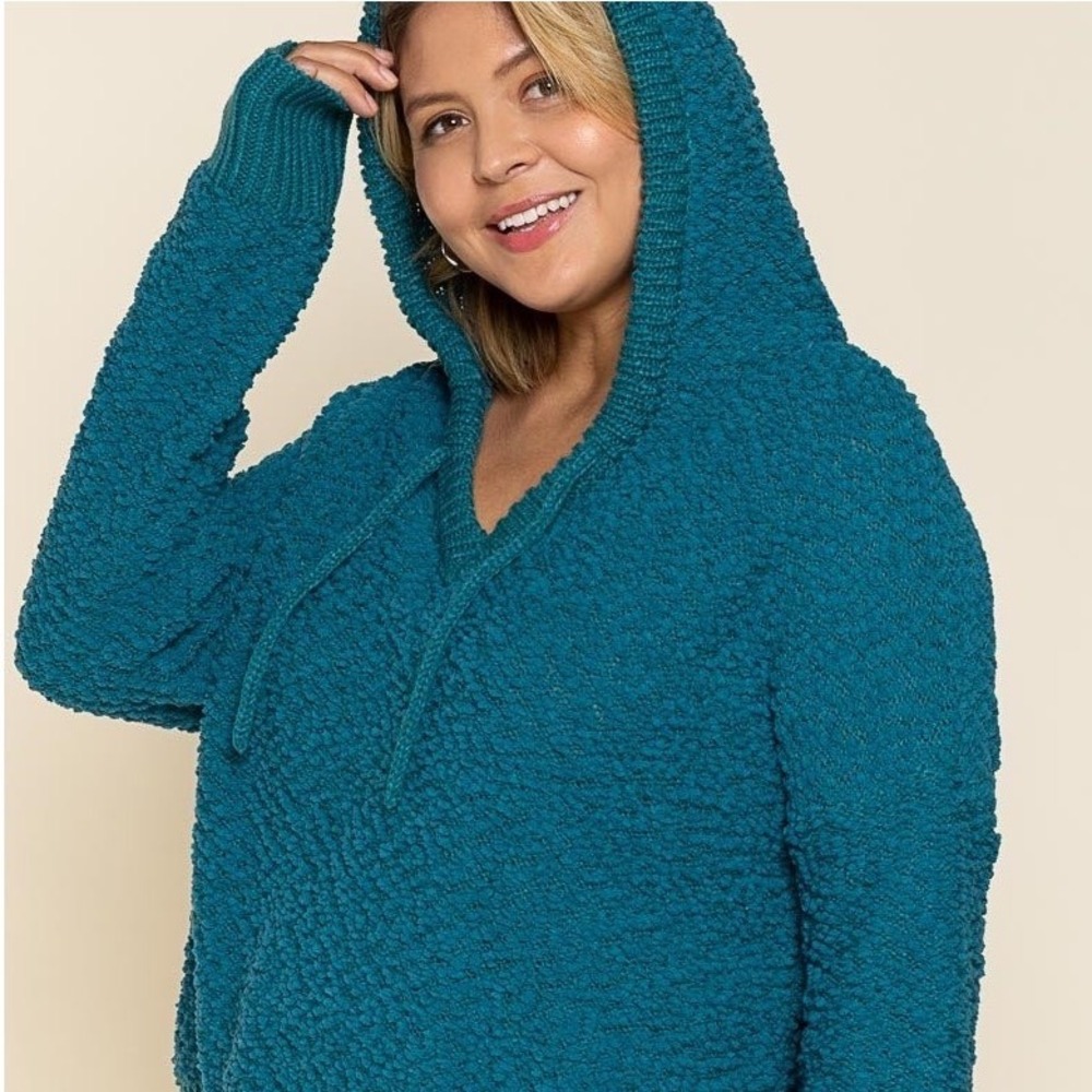 POL Teal Blue Popcorn Knit Hoodie Sweater Textured Oversized Pullover Small - Picture 2 of 8